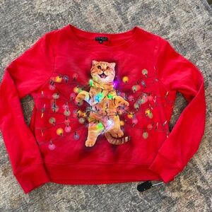 Fifth Sun Red Christmas Light Up Cat Graphic Sweater